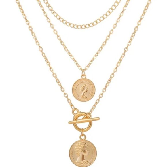 Women's Gold Multilayer Coin Lariat Necklace - Picture 1 of 5